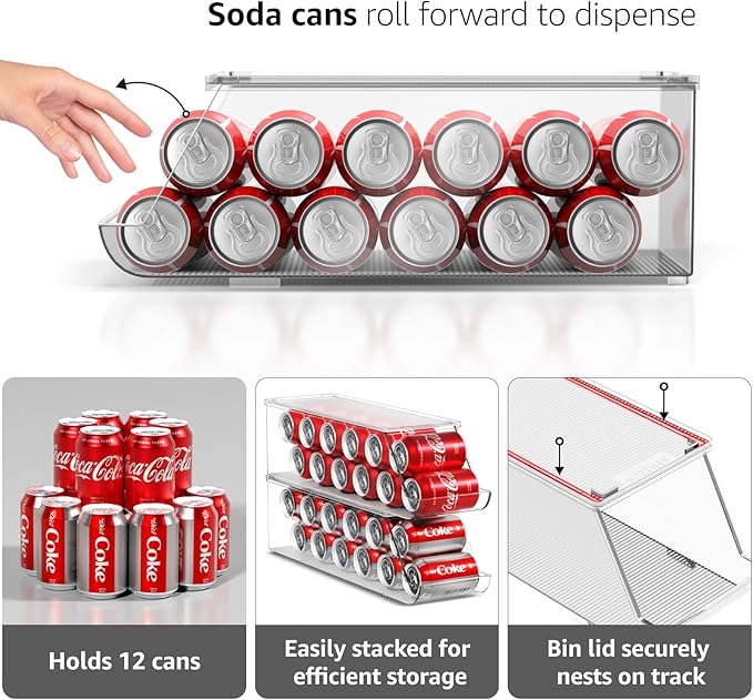 Sorbus Soda Can Organizer for Refrigerator & Egg Holder for Fridge Set, 2 Stackable Can Holder Dispenser Holds 12 Cans Each & 1 Egg Holders with Lid holds 14 eggs for Fridge, Pantry, Freezer, BPA-Free