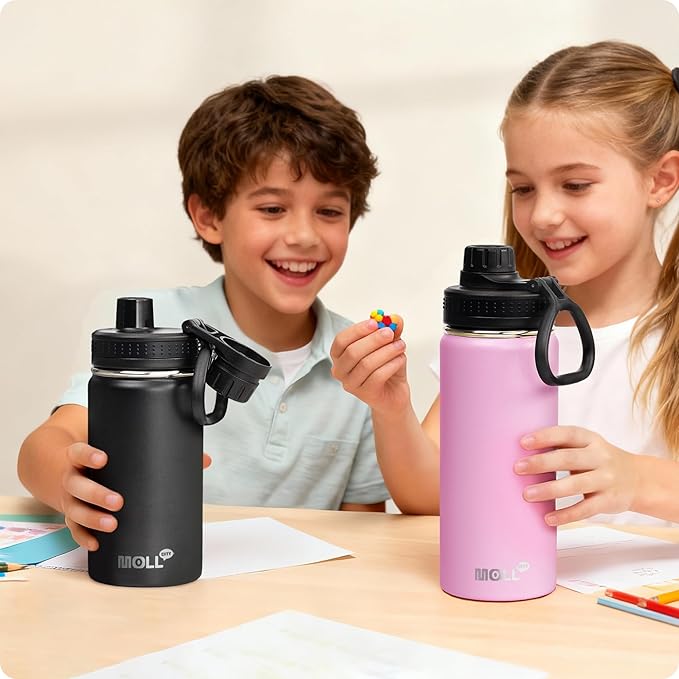 Kids Water Bottle for School 12 oz Stainless Steel Double Wall Vacuum Insulated Water Bottle Leak Proof-Reusable Metal Flask with Silicone Boot for Travel, BPA-Free(Purple Pink)