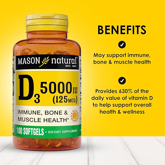 MASON NATURAL Vitamin D3 125 mcg (5000 IU), Supports Bone, Muscle & Immune Health, from Fish Liver Oil, 50 Softgels, Pack of 3