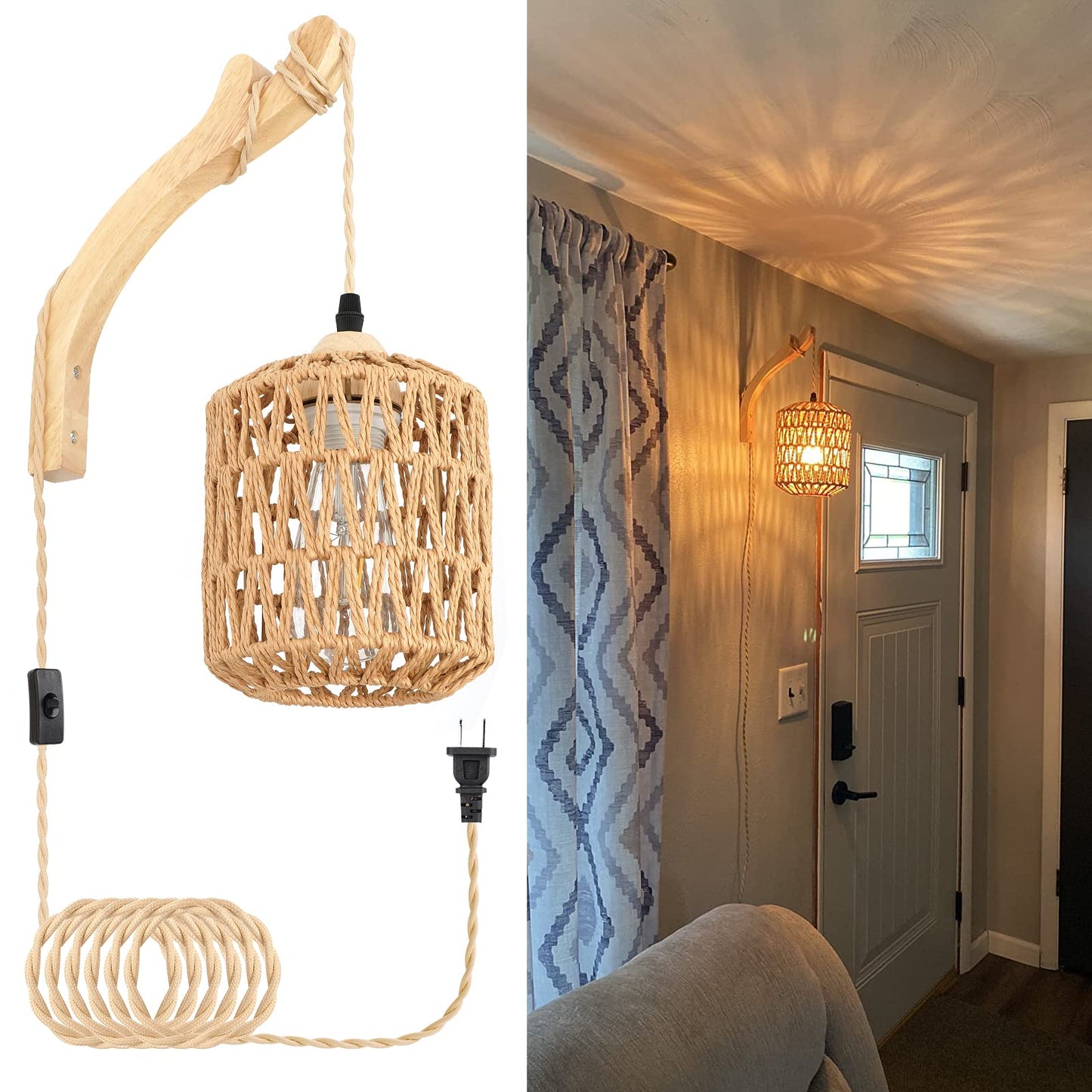 FRIDEKO HOME Rattan Wall Lamp Hand Woven Plug-in Sconce Cylindrical Brown L02187-01-US