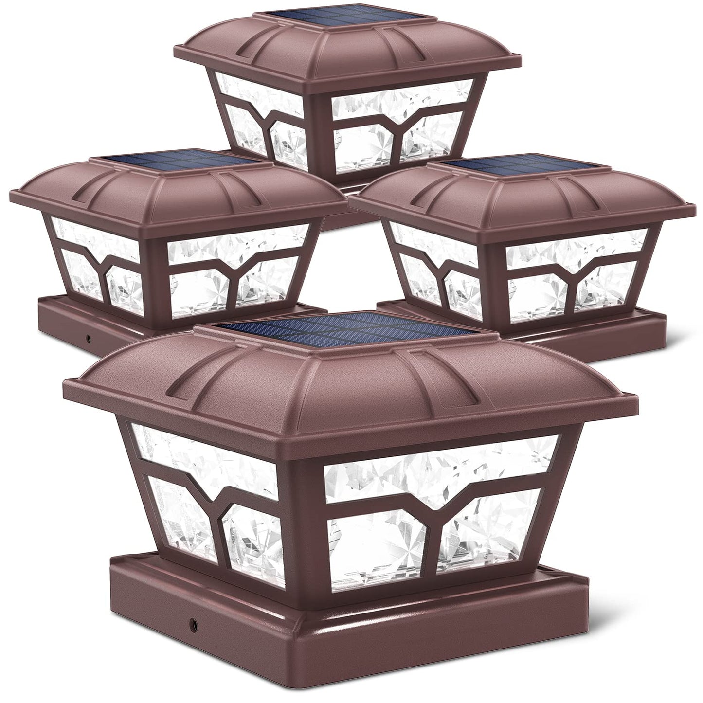 SIEDiNLAR Solar Post Cap Lights, 8 LEDs, 2 Color Modes, Brown, 4 Pack, Fits 4x4 5x5 6x6 Posts, Plastic