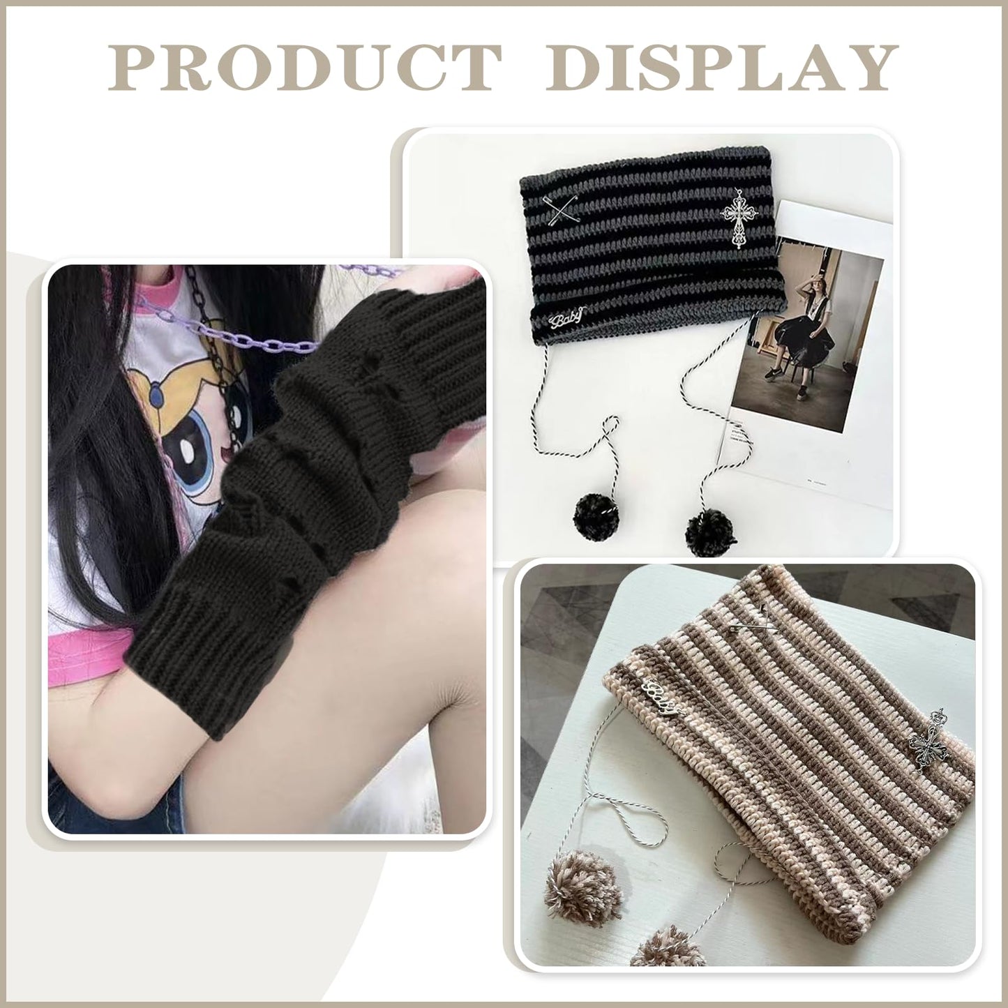 Women/Girls Crochet Hats Cat Beanie With Gloves Accessories Goth Grunge Crochet Knitted Arm Warmers Slouchy Beanies