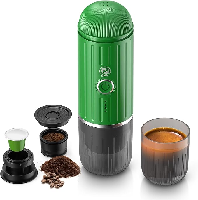 Fast self-heating Portable Electric Espresso Coffee Maker, 2 IN 1 Extraction Espresso Machine, Support Ground Coffee and NS capsule, for Travel,Car,camping,Climbing（Green） Rich Crema