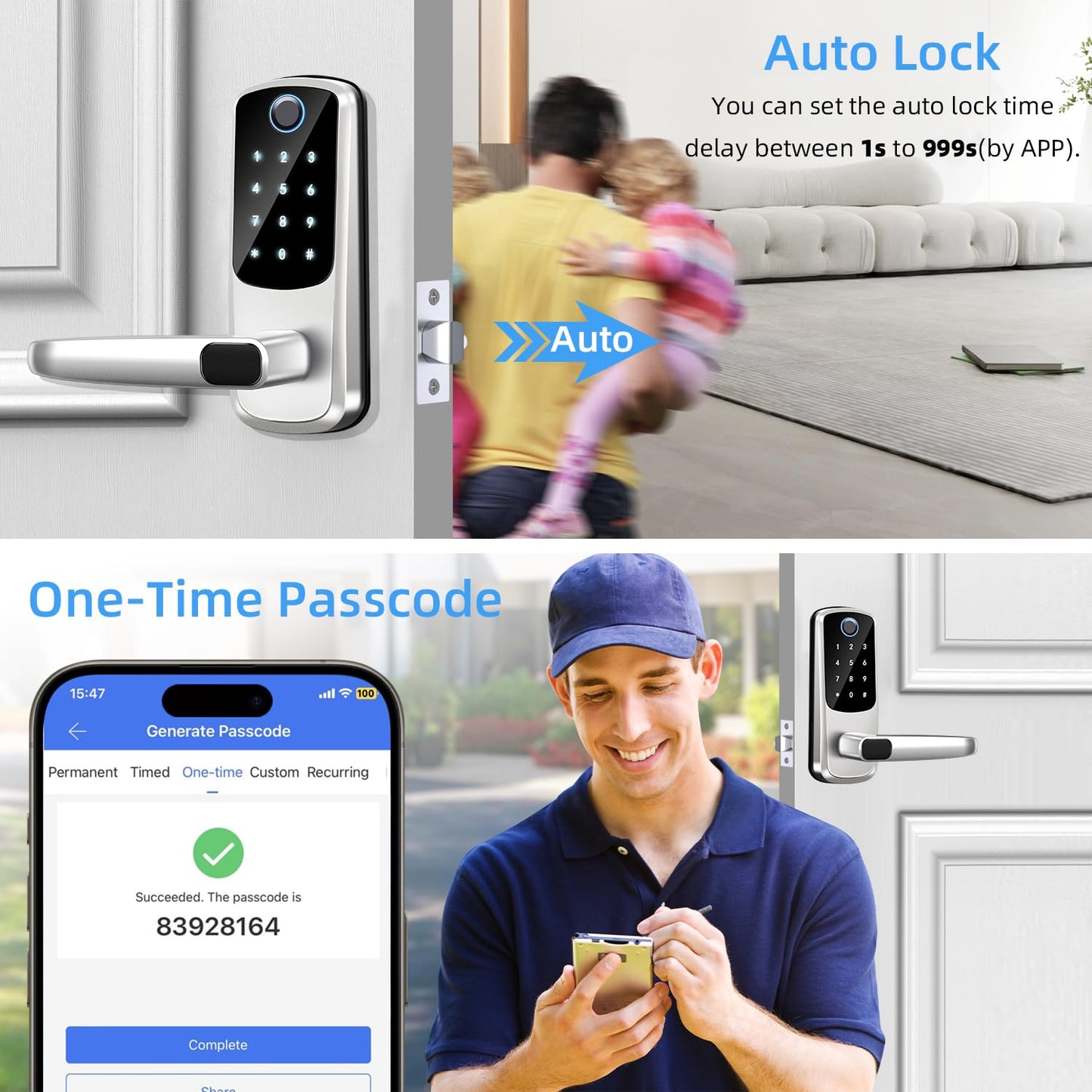 Smart Door Lock with Handle,Keyless Entry Door Locks, 8-in-1 Fingerprint Keypad Exterior Lock - Smart Locks for Front Door - Digital Electronic Smart Lock with Code & APP Control (Silver)