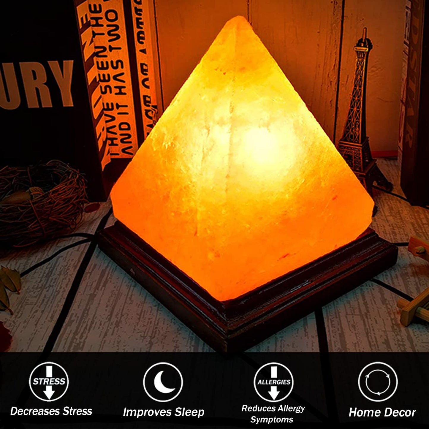 V.C.Formark USB Himalayan Salt Lamp, Hand Carved Crystal Rock, 8 Color Changing, Pyramid Shape, Genuine Wood Base