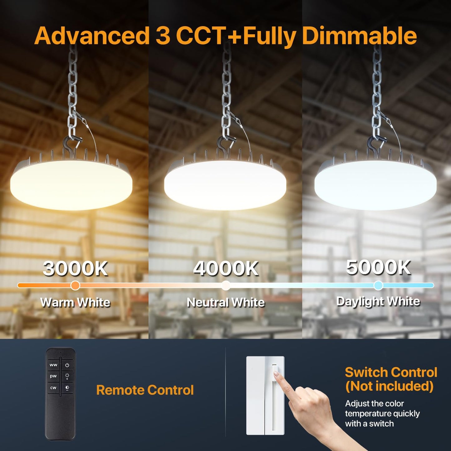 DEMILARE LED Shop Lights High Bay 150W 18000LM IP65 Waterproof 3 CCT Adjustable Dimmable 4 Pack Black Model 1504s