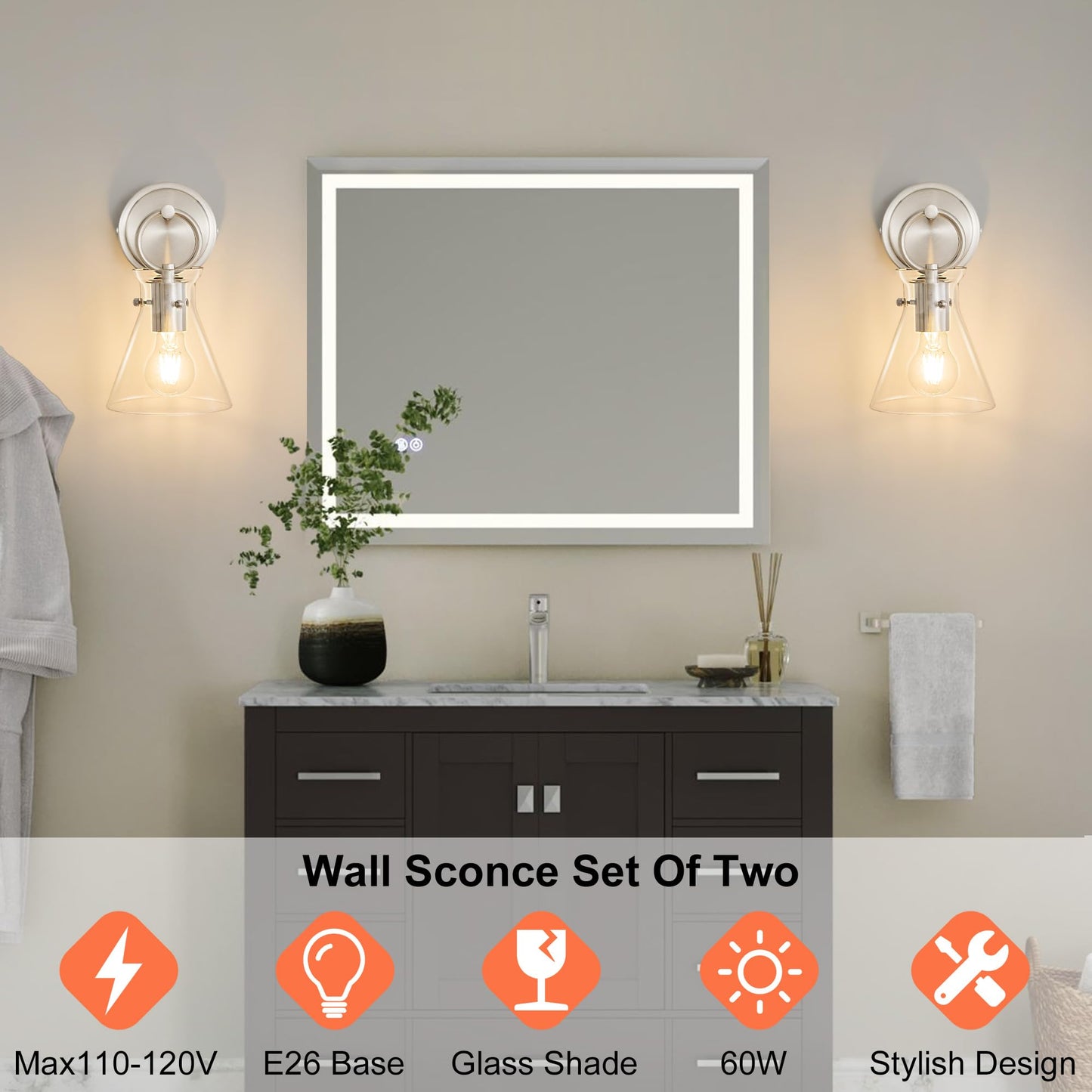 Gednbo Wall Sconces 2 Pack Modern Vanity Light Fixtures For Bathroom Nickel Wall Mount Lighting Lamp Hardwired Farmhouse Wall Lights With 6 Inch Clear Glass Shade For Bedroom Living Room Mirror
