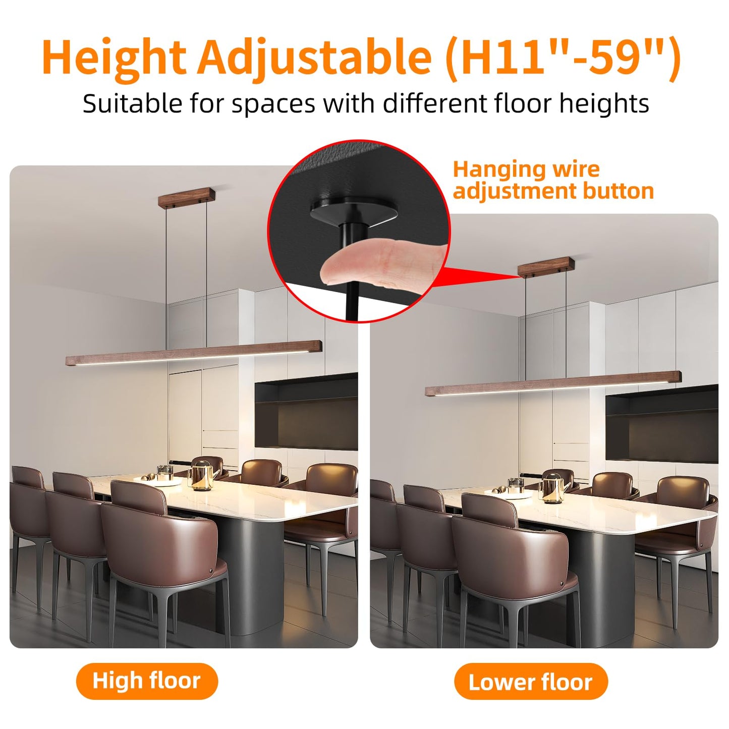 Mikeru Modern Wooden Pendant Light, 47IN Walnut Chandelier, Aluminum, Remote Control, Adjustable Color Temperature