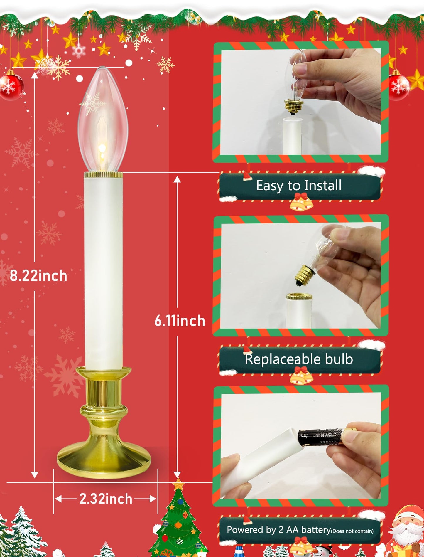 10 Pack Christmas Window Candles with 3V Ultra-Bright LED Warm White Bulbs, LED Battery Operated Window Candles, Gold Base, Flameless Candlestick for Indoor Christmas Window Table Mantel, Steady On