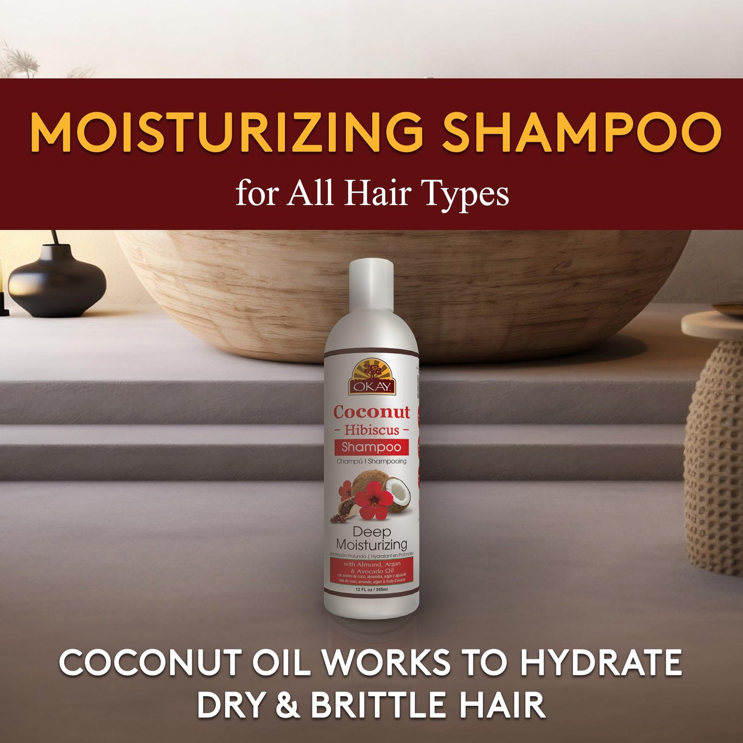 OKAY | Coconut Hibiscus Shampoo | For All Hair Types & Textures | Restore, Rehydrate, Strengthen Hair | With Almond, Argan & Avo