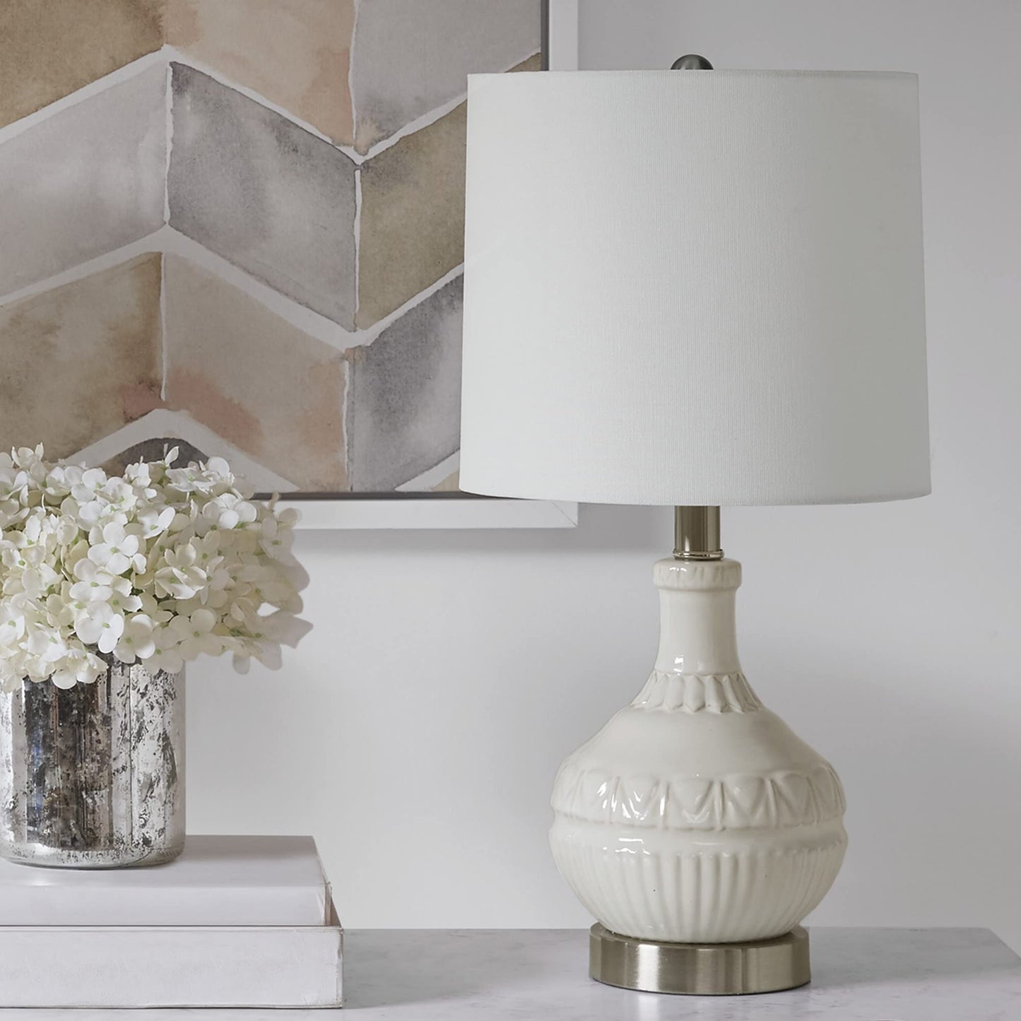510 DESIGN Gypsy Ceramic Table Lamp, 10inW x 10inL x 20.5inH, White, Fabric Shade, Rotary Switch, Model 5DS153-0030