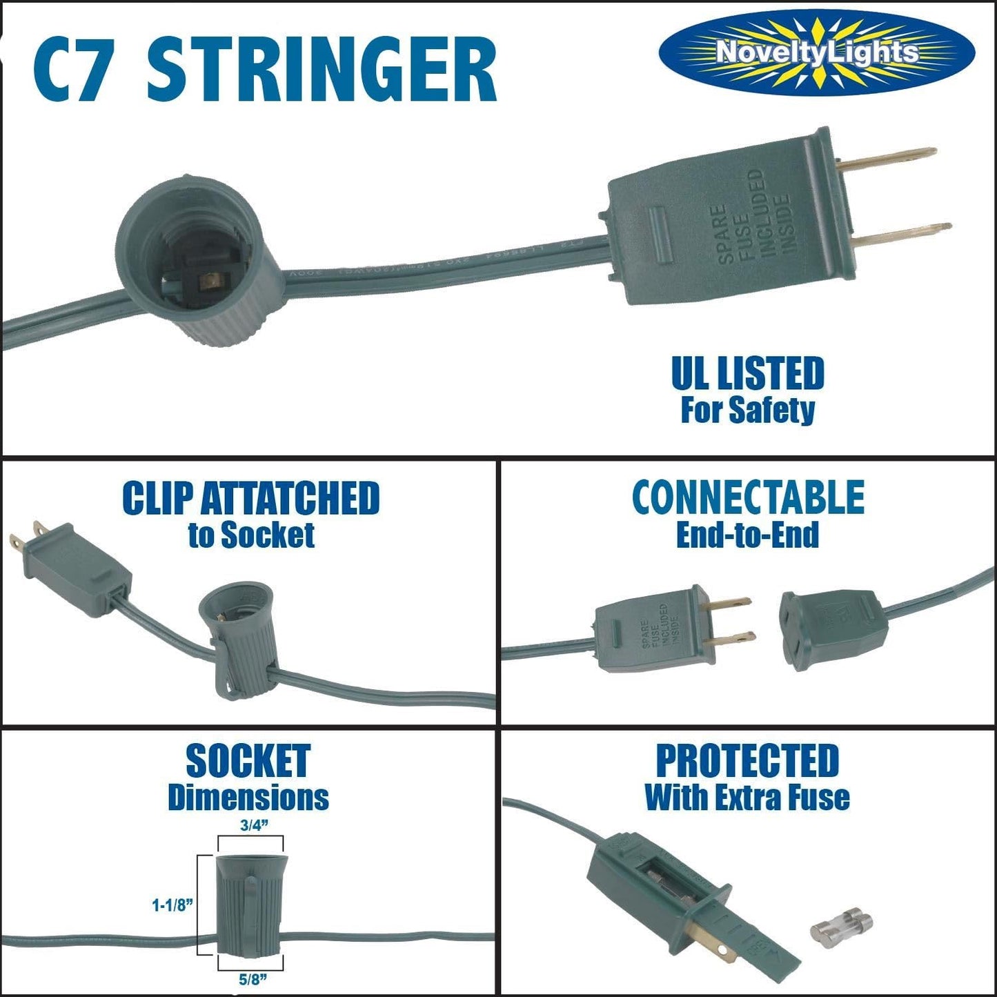 Novelty Lights C7 Outdoor String Lights - 25 Foot, Black Wire, 12in Spacing, Candelabra Base, Model BLACK-C7-25-12