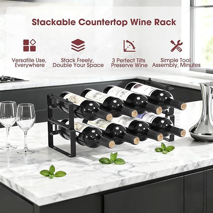 Stackable Wine Rack Countertop, 8 Bottles Wine Bottle Holder for Inside Cabinet, Small Tabletop Wine Holder Stand for Pantry Bar, 2-Tier Angle Adjustable Wine Bottle Rack for Tight Spaces
