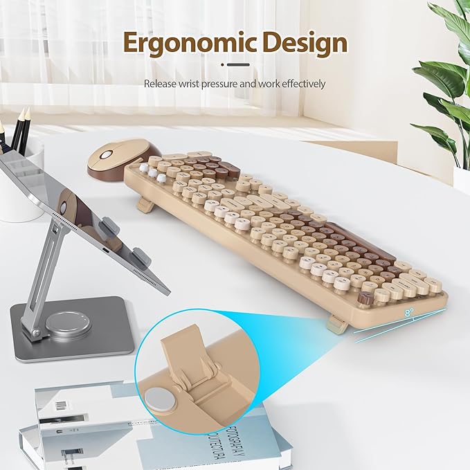 Wireless Keyboard and Mouse Set, Retro Typewriter Keyboard, 2.4GHz Full Size 104-Key Cute Keyboard with Number Pad, Colorful Keyboard with Round Keycaps for Windows PC Laptop(Coffee)