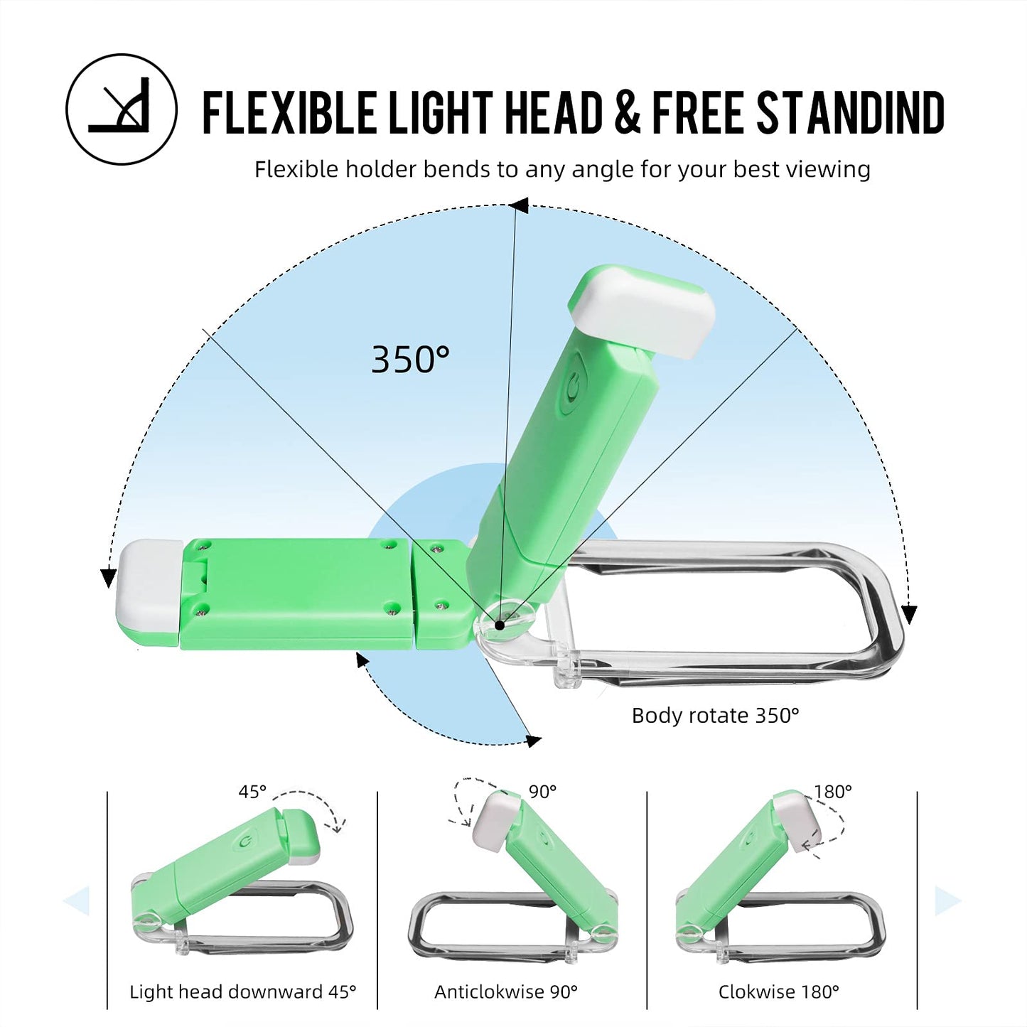 EGWASER Book Light, USB Rechargeable, 3 Brightness Levels, 2-Pack, Green, Model EG-BL-24-1, Eye-Protection Reading Lamp