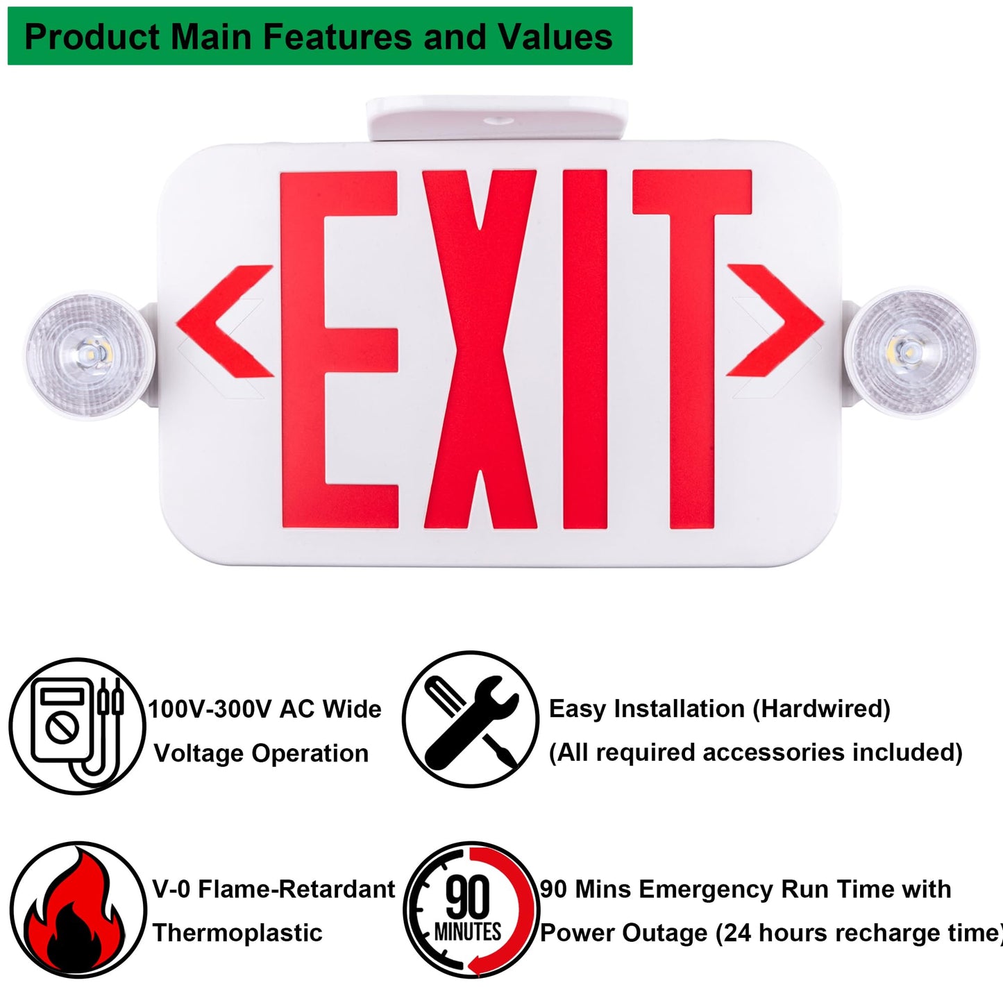 LIT-PaTH LED Exit Sign with Emergency Lights, Double-Sided, 12-Pack, White, Model LT-EL004-12PK, Hardwired, UL94V-0 Fire Resistant