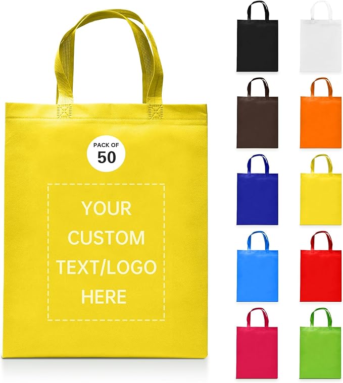 Custom Tote Bags Set of 50, Bulk Pack Grocery Shopping Travel Business Activities advertisement Reusable Bag