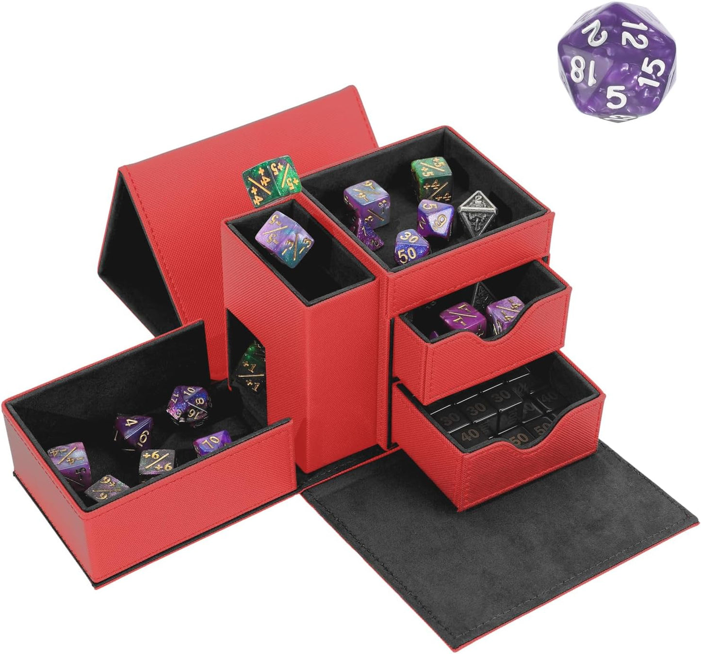 Dice Tray & Dice Tower Storage Box, 3 in 1 Dice Holder Case (Dice Rolling Tray, Rolling Tower, Storage Drawers), Leather Magnetic Closure DND Accessories Gifts for RPG MTG, Red/Black