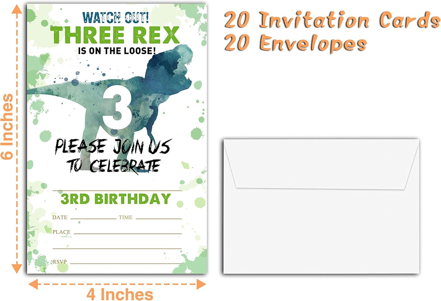 Dinosaur 3rd Birthday Party Invitations, 20-Count Dinosaur Three Rex Birthday Party Invites With Envelopes-HBYQK-B54