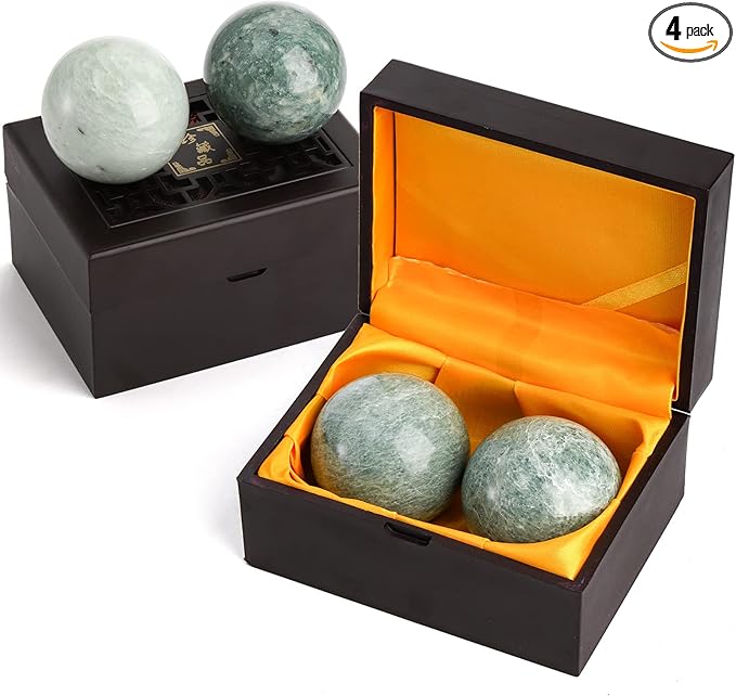 Lyellfe Set of 4 Marble Stone Baoding Balls, 2 Inch Meditation Balls with Box, Chinese Health Exercise Massage Ball for Ha...