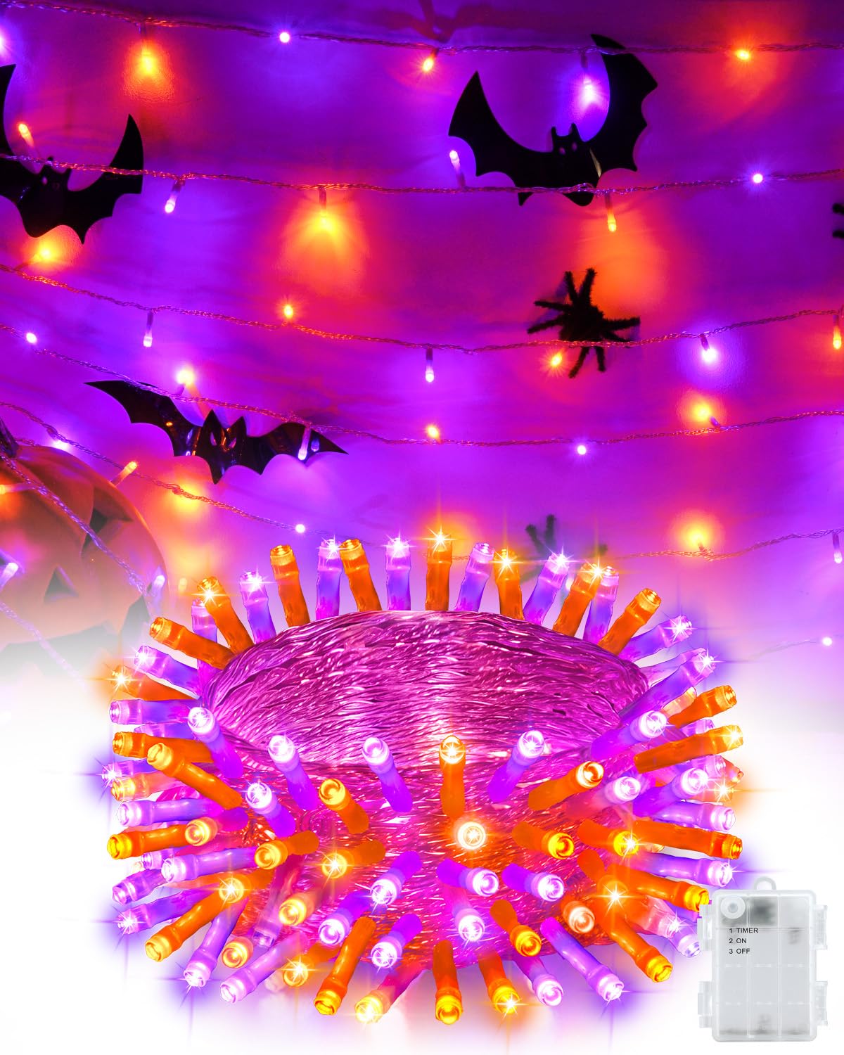 Kelumi Halloween String Lights, 50 LED, 16.4ft, Battery Operated, Waterproof, Orange & Purple