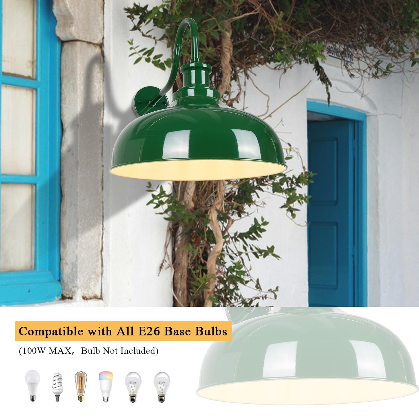 Diyel Outdoor Barn Light  16 Inch Dome Rustic Outdoor Wall Sconce  Farmhouse Exterior Wall Mount Lighting Fixture  Industrial Green Wall Lantern For Porch  Entryway  Garage  Rz007L Gr+Wh