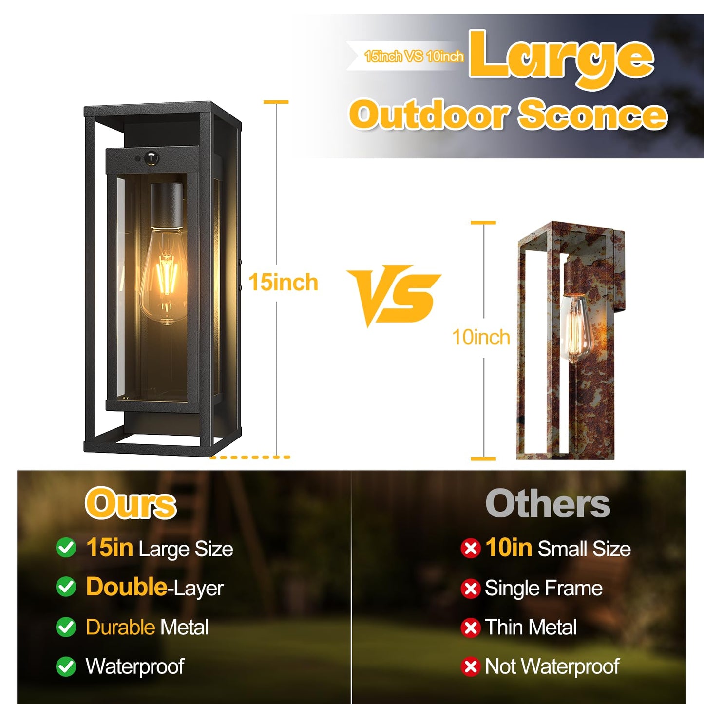 Siafavoi Motion Sensor Outdoor Wall Light 2Pack-15In Modern Dusk To Dawn Porch Sconce Wall Mounted Waterproof Exterior Lighting Fixture E26 Black Lantern For Outside House Garage Entryway