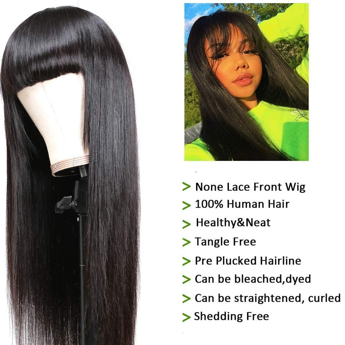 Amella Hair Straight Human Hair Wigs with Bangs for Black Women 150% Density Brazilian Straight None Lace Front Wgis with Bangs