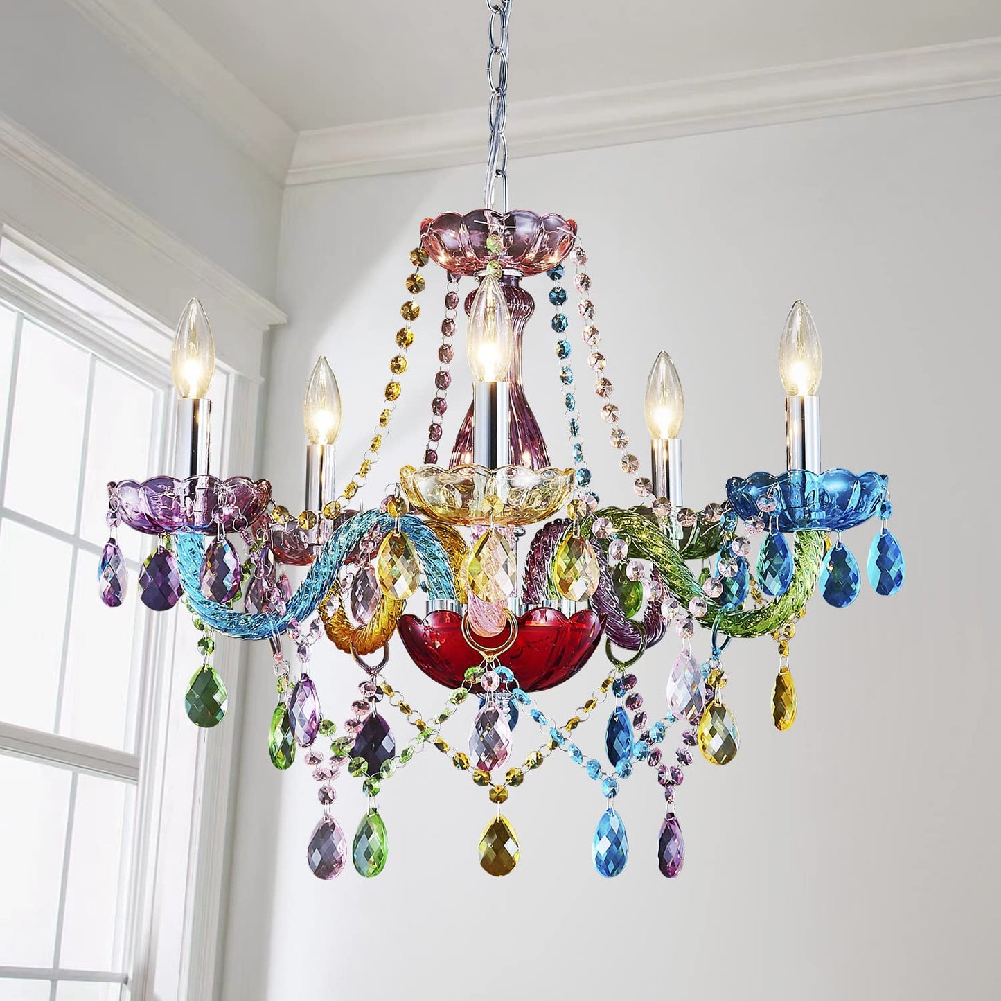 Sm Saint Mossi Modern K9 Crystal Chandelier, 5-Light Pendant Fixture, Multi-Color, Adjustable Chain, H19 X W19, Model Sm-Dy-19084