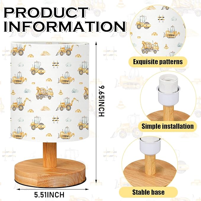 VIHOSE Construction Kids Table Lamp for Bedroom Kids Bedside Lamp with Linen Wooden Nightstand Cartoon Nursery Lampshade for Girls Boys Living Room
