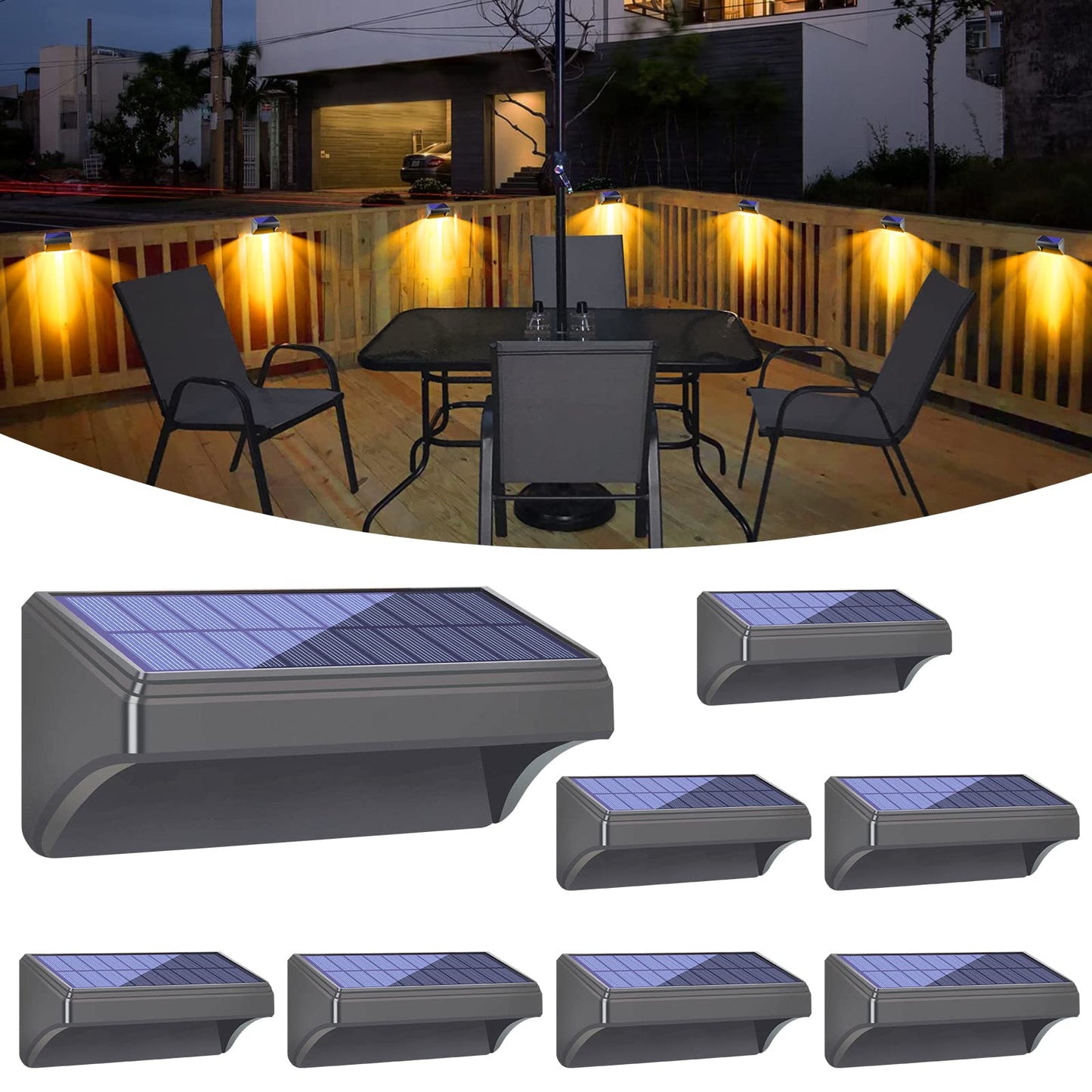 Bridika Solar Fence Lights, 8 Pack-Plus, Warm & Cool White LED, Waterproof, Model WL07 Plus, for Outdoor Use