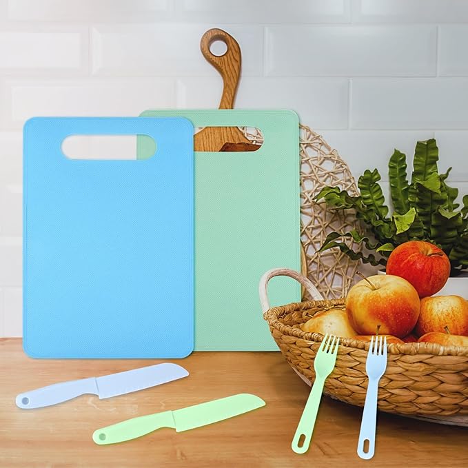 6 Pack Cutting Board Silicone Set, Silicone Cutting Mat For Kitchen, Flexible & Non-Slip, Bpa Free, Dishwasher Safe, Bonus 2 Plastic Knives + 2 Forks(Green And Blue)