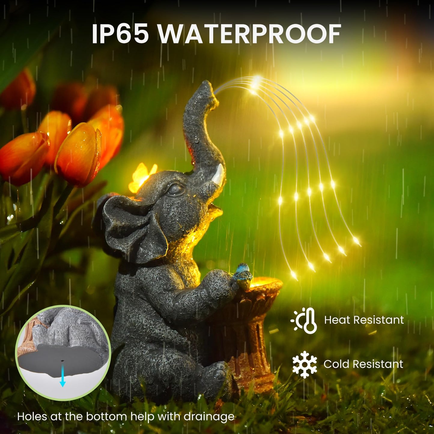 Goregent Garden Decor Watering Elephant Statue, Solar Light Ornament, 5.27x9.91x4.41in, Gray, Resin