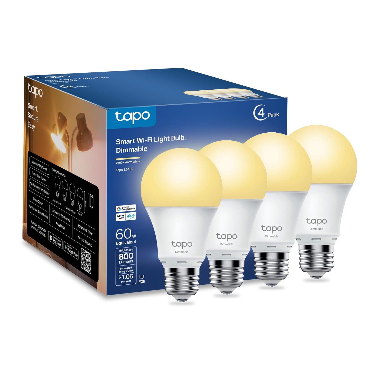 TP-Link Tapo Smart Light Bulbs, 800 Lumens (60W Equivalent), 2700K Soft Warm White LED Bulb, Dimmable, Compatible with Alexa and Google Home, No Hub Required, A19 E26, Tapo L510E (4-Pack)