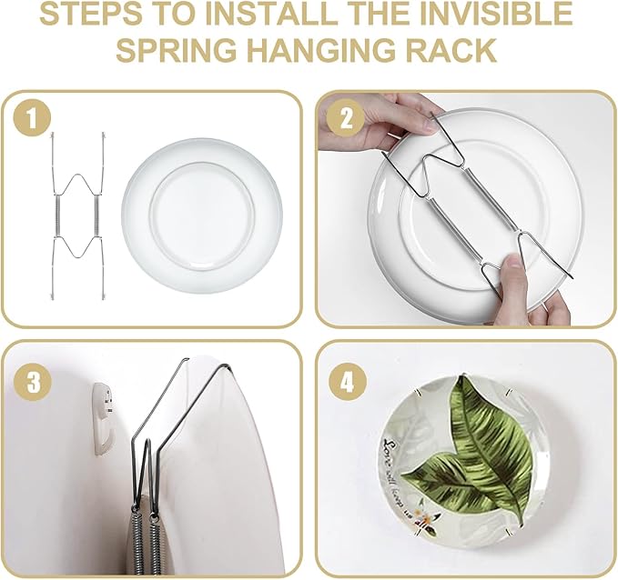 Bilillo 12-Piece Stainless Steel Wall Plate Hangers, 6/8/10 Inch Invisible Decorative Wire Plate Holders with 12 Pieces Wall Hooks for 5.5 to 10.5 Inch (Silver)