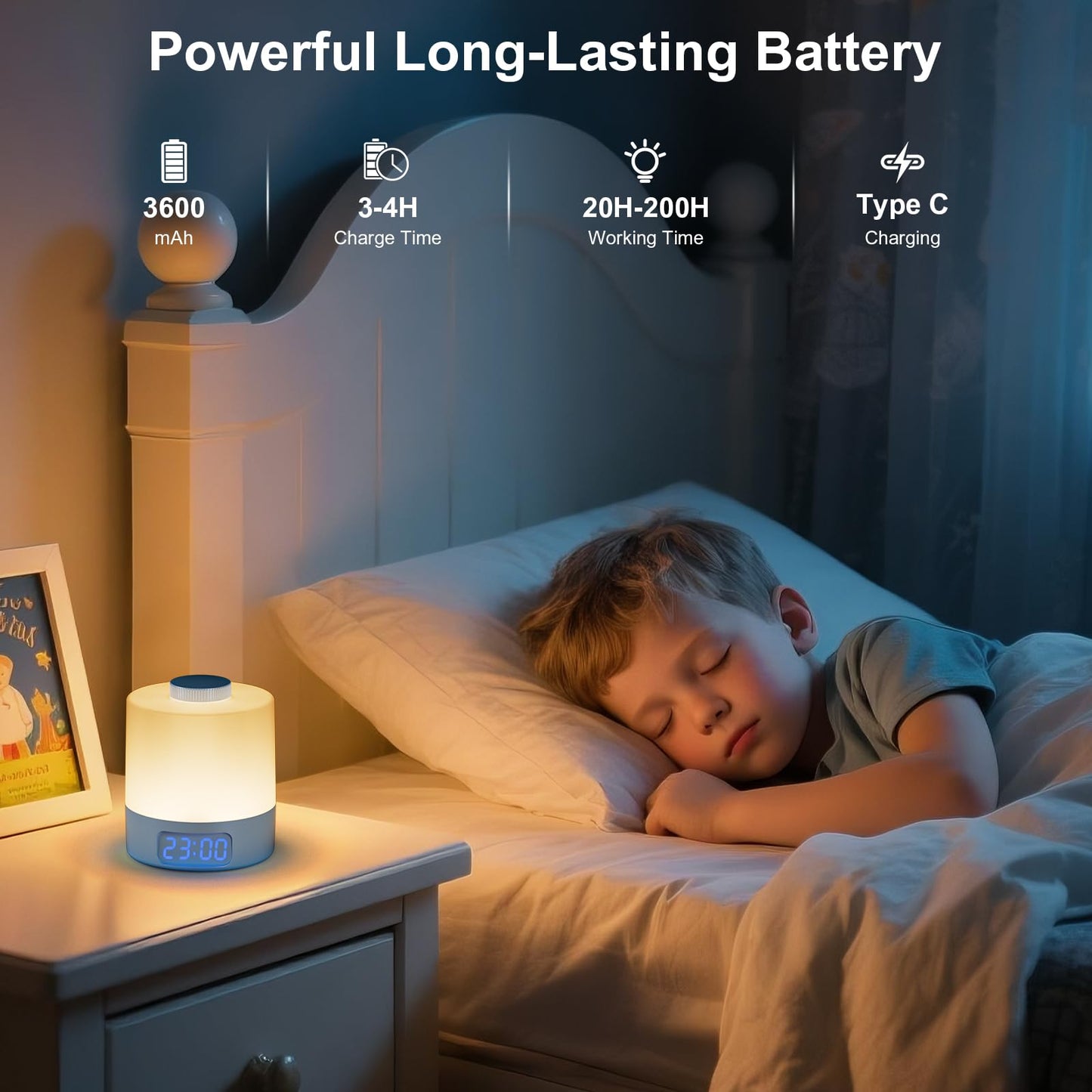 Wobane Night Light For Kids  3 Colors Dimmable Baby Led Lighting  3600Mah Battery Rechargeable With Digital Time  Portable Bedside Lamp For Nursery  Breastfeeding  mature-themeds  Blue