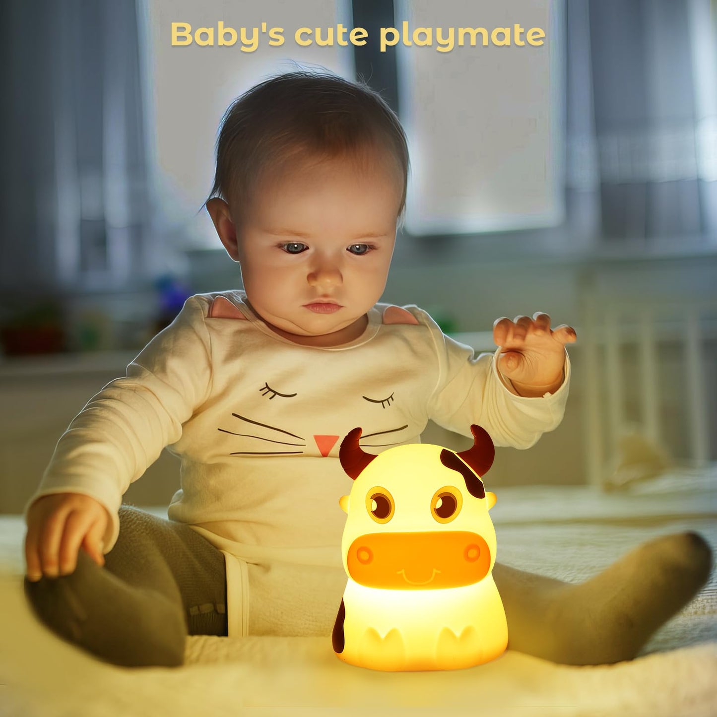 AVEKI Night Light for Kids, Portable Silicone Lamp, Color Changing, Cows-USB, Rechargeable, Cute Cow Design