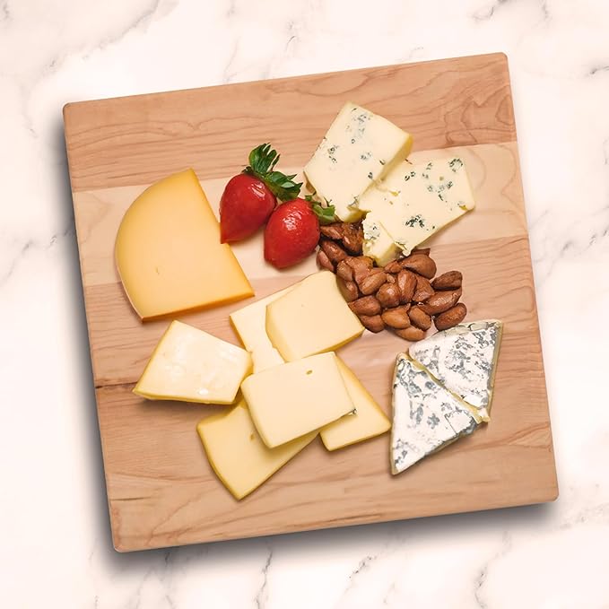 John Boos B Series Square Wooden Maple Cutting Board 12”x12” – 1.5” Thick, 6-lb Non-Reversible Butcher Block with Wood Bun Feet & Edge-Grain