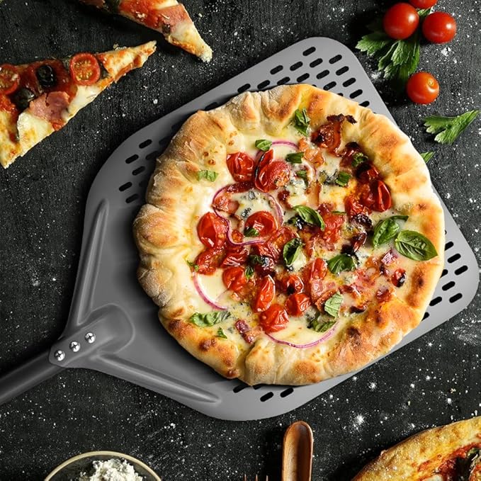14” Perforated Pizza Peel, Long Handle Hard Anodized Aluminum Pizza Peel, Extra Large Pizza Turning Peel, Professional Pizza Pizza Paddle, 34.8 inch overall