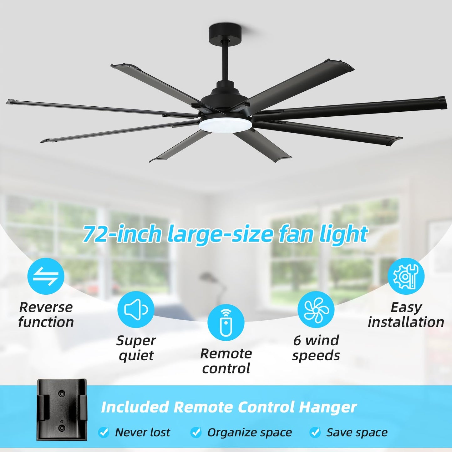 Rienaza 72 Inch Ceiling Fans With Lights And Remote Control,Large Ceiling Fan With 8 Aluminum Blades, 3Cct, 6-Speed,Black Commer