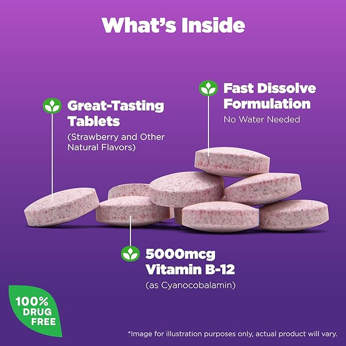 Natrol Vitamin B12 5,000 mcg, Fast Dissolve Vitamin B12 Supplement Supports a Healthy Nervous System and Energy Metabolism, 200 Tablets, Up to a 200 Day Supply