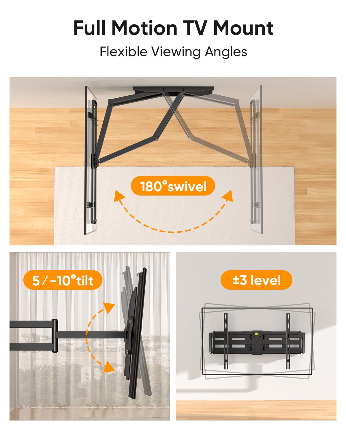 FORGING MOUNT Long Arm TV Wall Mount with 42.9 inch Extension and Power Strip for 60–110 Inch TVs, Heavy Duty Full Motion TV Mount,VESA 900x600mm,up to 220 lbs,Smooth Swivel, Tilt,16”-24” Wood Studs