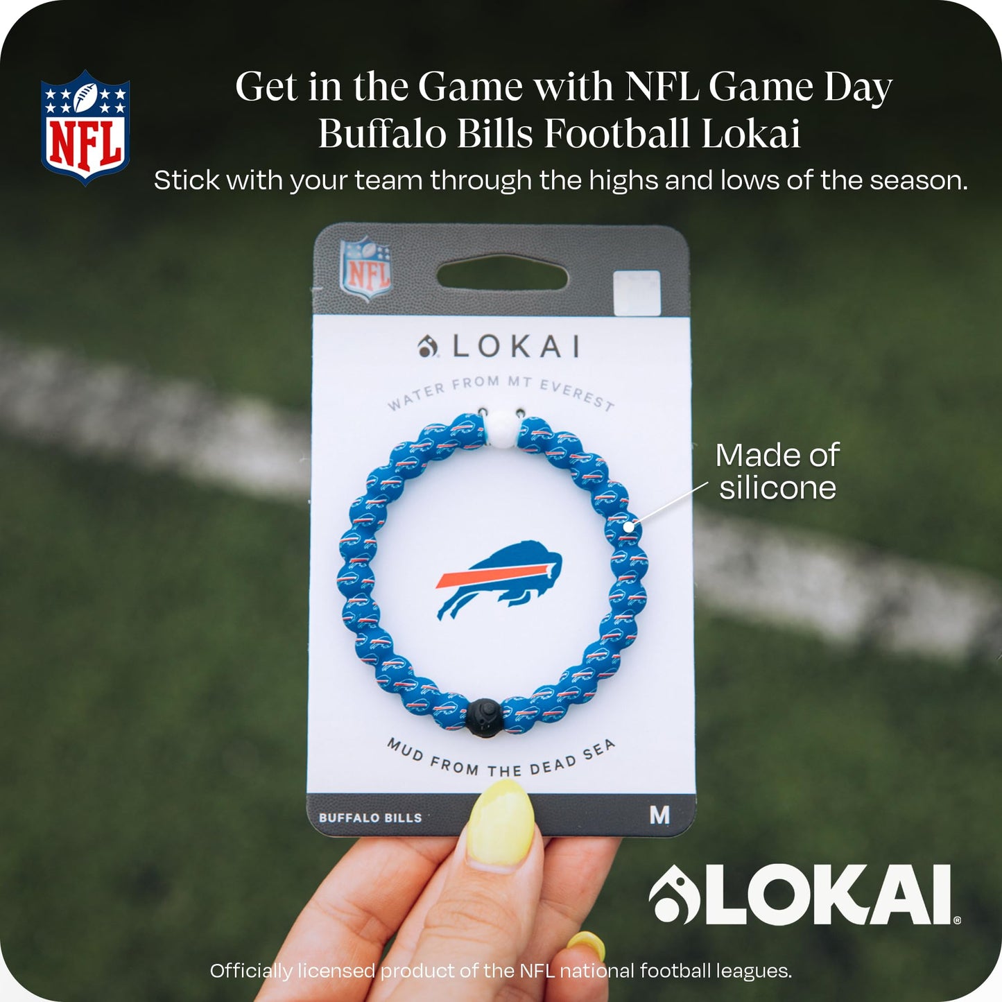 Lokai Silicone Beaded Bracelet for Men & Women, NFL Football Collection - Buffalo Bills, Logo, Extra Large - Silicone Jewelry Fa