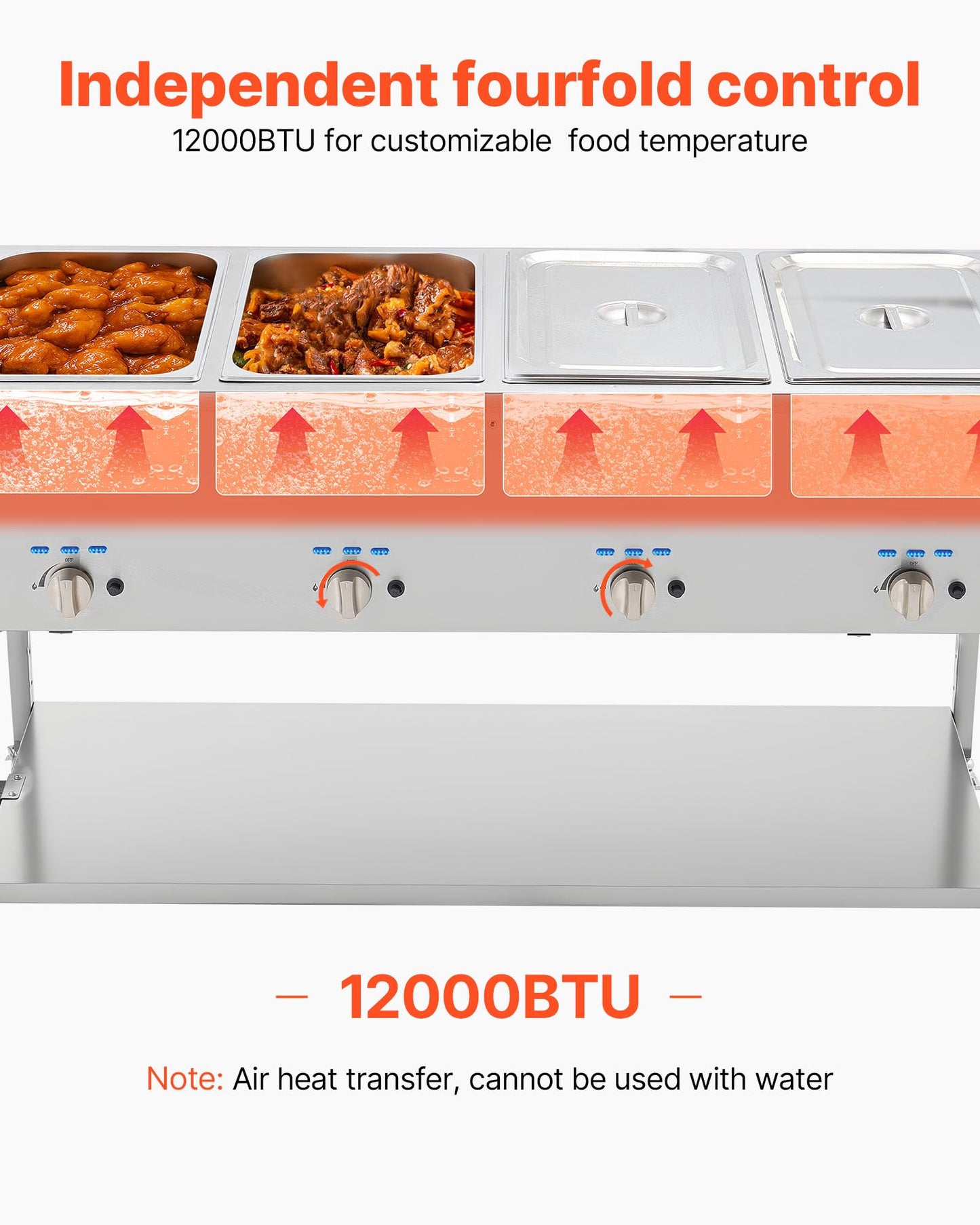 VEVOR 4-Pan Commercial Propane Steam Table, LP Gas Outdoor Soup Warmer with Drain Valve and 3" Wheels, Stainless Steel Propane Food Warmer with Independent Temp Control, for Restaurant Outdoor Camping