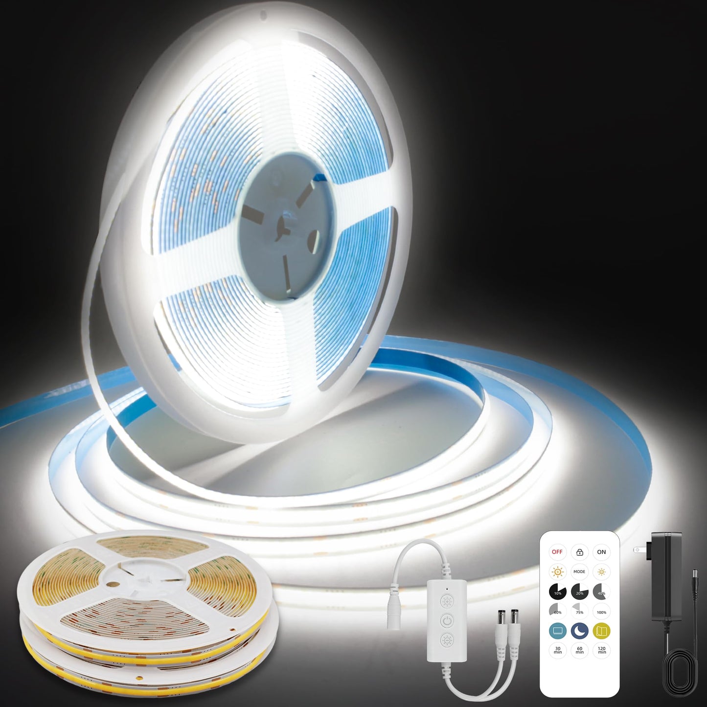 Pandery COB LED Strip Lights, 50FT Dimmable Cool White 6000K, 24V, Flexible Cuttable Light Strip with Remote and App Control