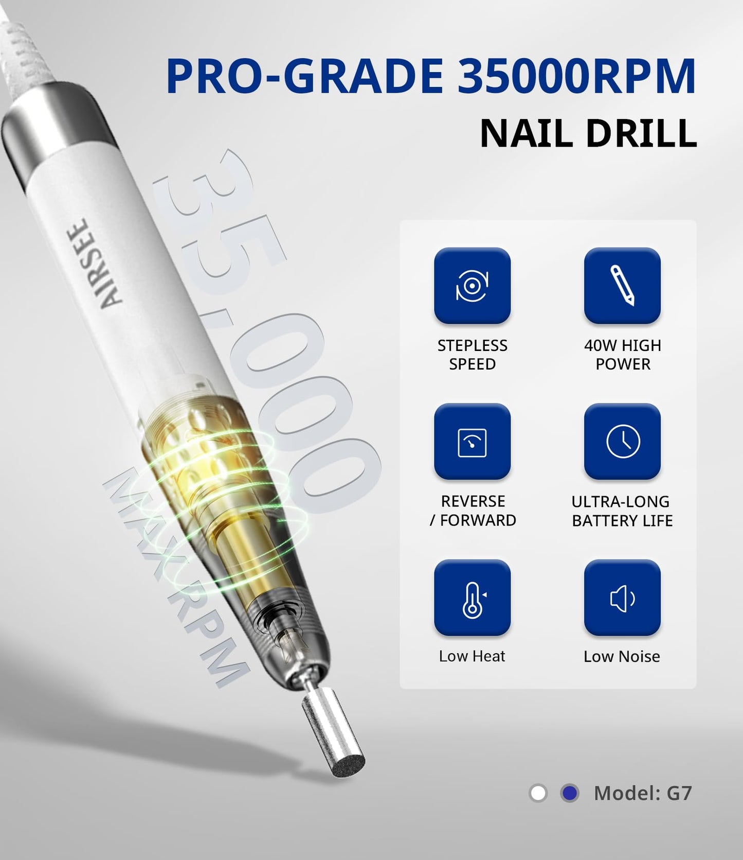 AIRSEE Updated Professional Nail Drill,Rechargeable Cordless Efile Machine for Acrylic Extension Gel Dip Powder Powerful Portabl