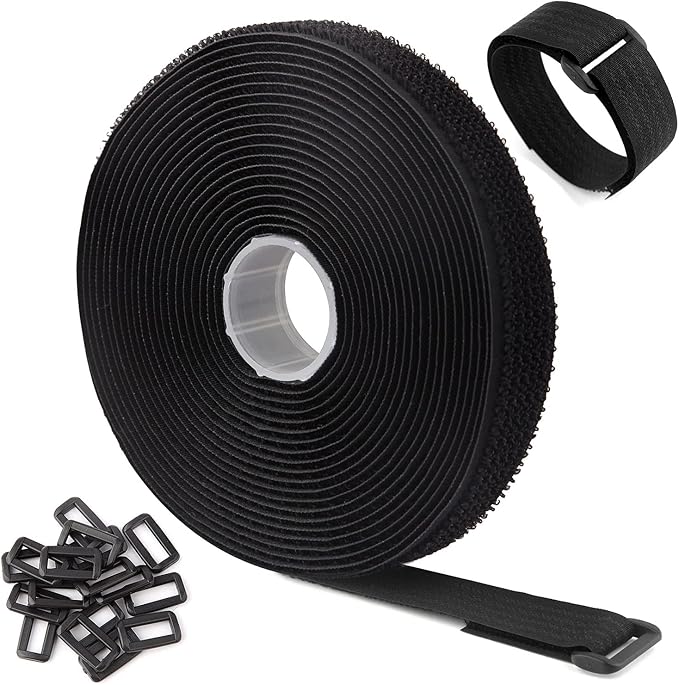 WSZJINB 16Ft x 1In Adjustable Cable Straps with 25 Buckles, Free Cut Length, Black Reusable Fastening Cable Ties, Hook and...