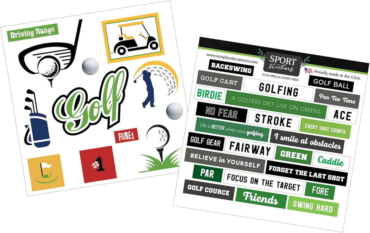 Golf Stickers Sheets - Golfing Scrapbook Sticker with Club, Cart, Flagstick, Tee, Sporty Phrases Design - Sports Embellishments for Scrapbooking, Photo Album, Journal, Planner, DIY Crafts - 2 Items
