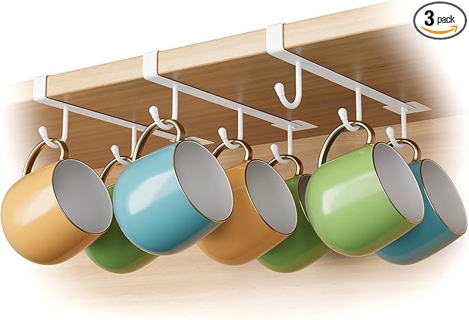 ECROCY Mug Hooks for Cabinet, Clip-On Shelf and Only Fits Flat Cabinet Without Any Lip, 3pcs Mug Holder No Drilling Free Damage