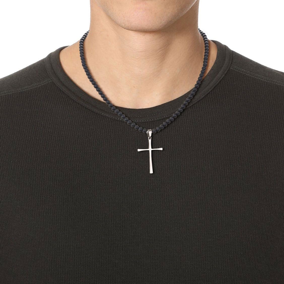 COAI Men's Cross Necklace Black Stone Necklace Onyx Beaded Necklace for Men, Silver Cross Pendant